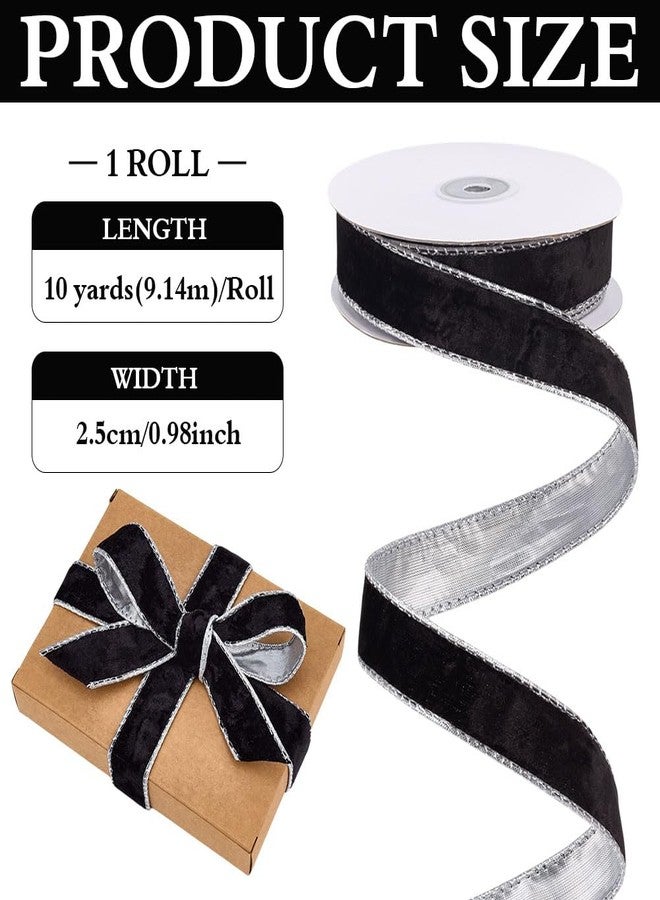 MAYJOYDIY 10 Yards Black Velvet Wired Ribbon with Silver Metallic Backing 0.98 Inch Single Sided Velvet Decorative Ribbon for Christmas Tree Garland Wreath Party Decoration Gift Wrapping - Image 2